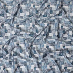 Light Beige cotton satin fabric with black and blue print in abstract design-D11915