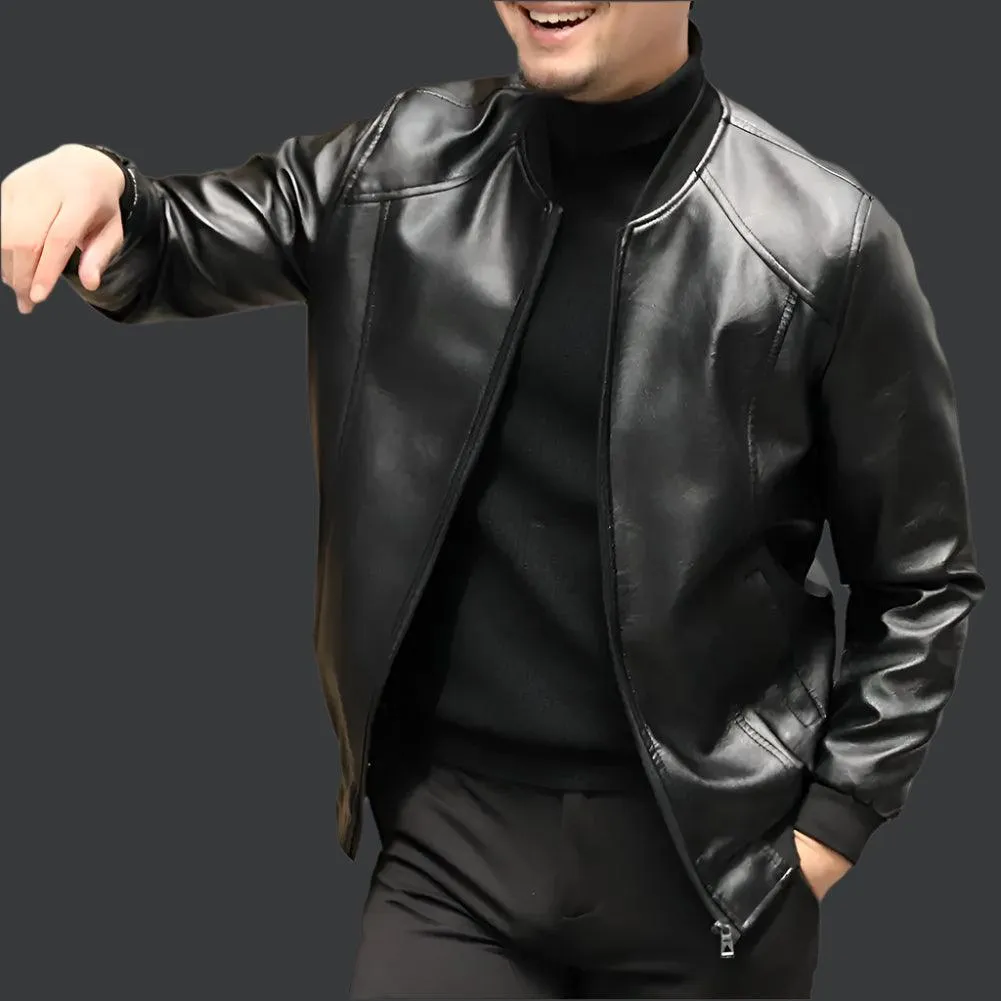 Men's Thickened Warm PU Leather Bomber Jacket - Thermal Stand-Up Collar Business Casual Outerwear