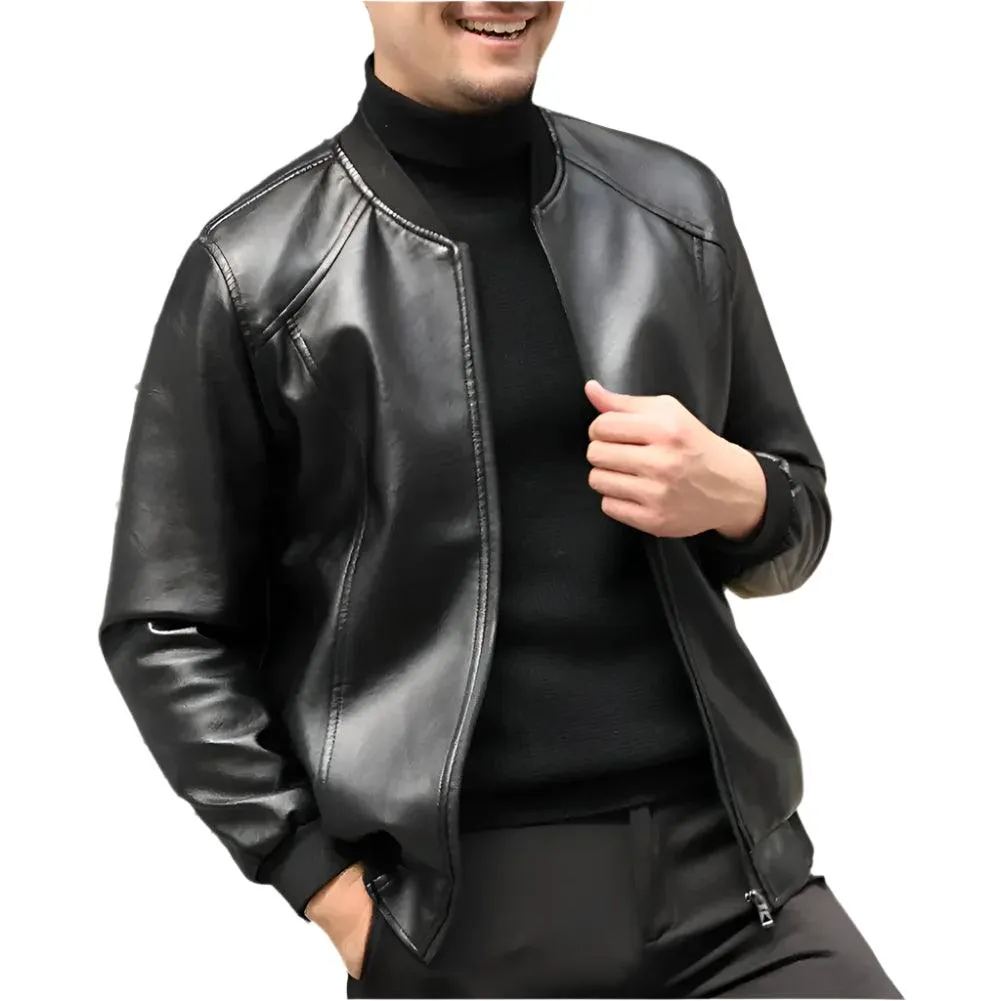 Men's Thickened Warm PU Leather Bomber Jacket - Thermal Stand-Up Collar Business Casual Outerwear