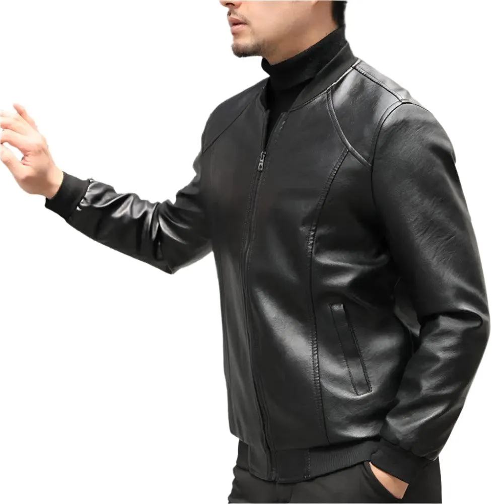 Men's Thickened Warm PU Leather Bomber Jacket - Thermal Stand-Up Collar Business Casual Outerwear