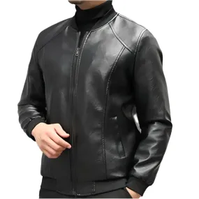 Men's Thickened Warm PU Leather Bomber Jacket - Thermal Stand-Up Collar Business Casual Outerwear