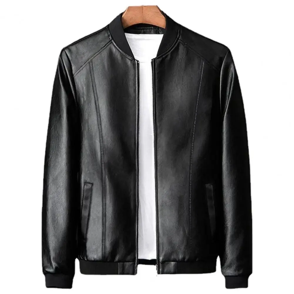 Men's Thickened Warm PU Leather Bomber Jacket - Thermal Stand-Up Collar Business Casual Outerwear