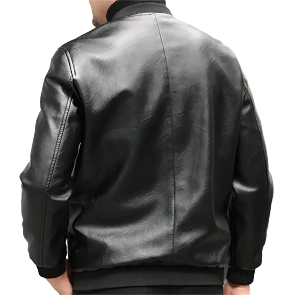 Men's Thickened Warm PU Leather Bomber Jacket - Thermal Stand-Up Collar Business Casual Outerwear