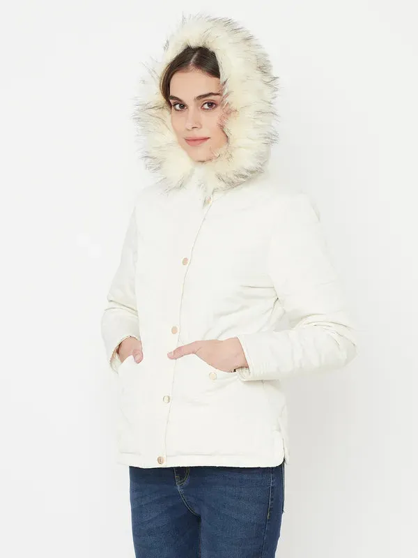 Mettle Women White Full Sleeve Parka Jacket