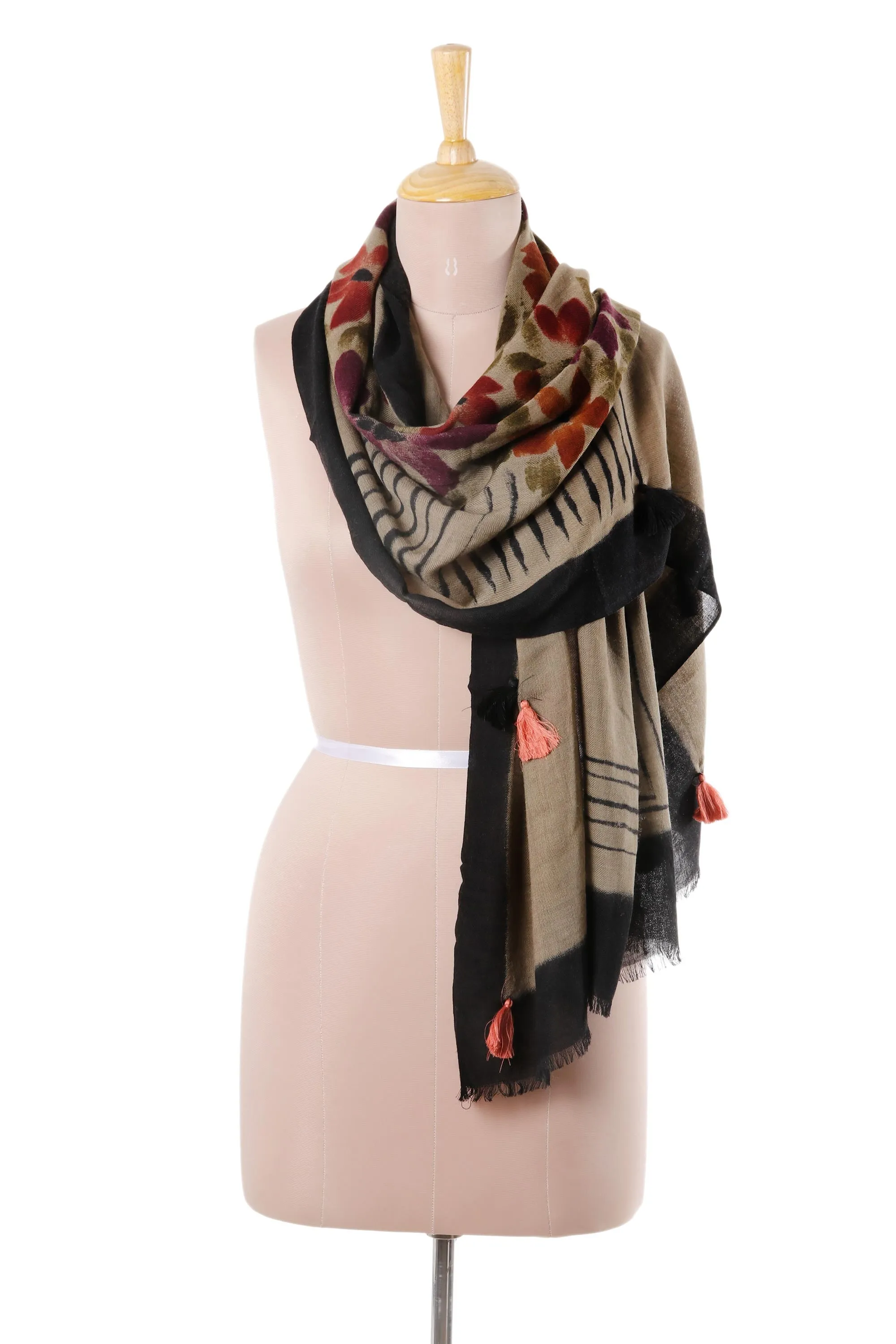 Modern Floral Printed Wool Shawl from India - Modern Serenity | NOVICA