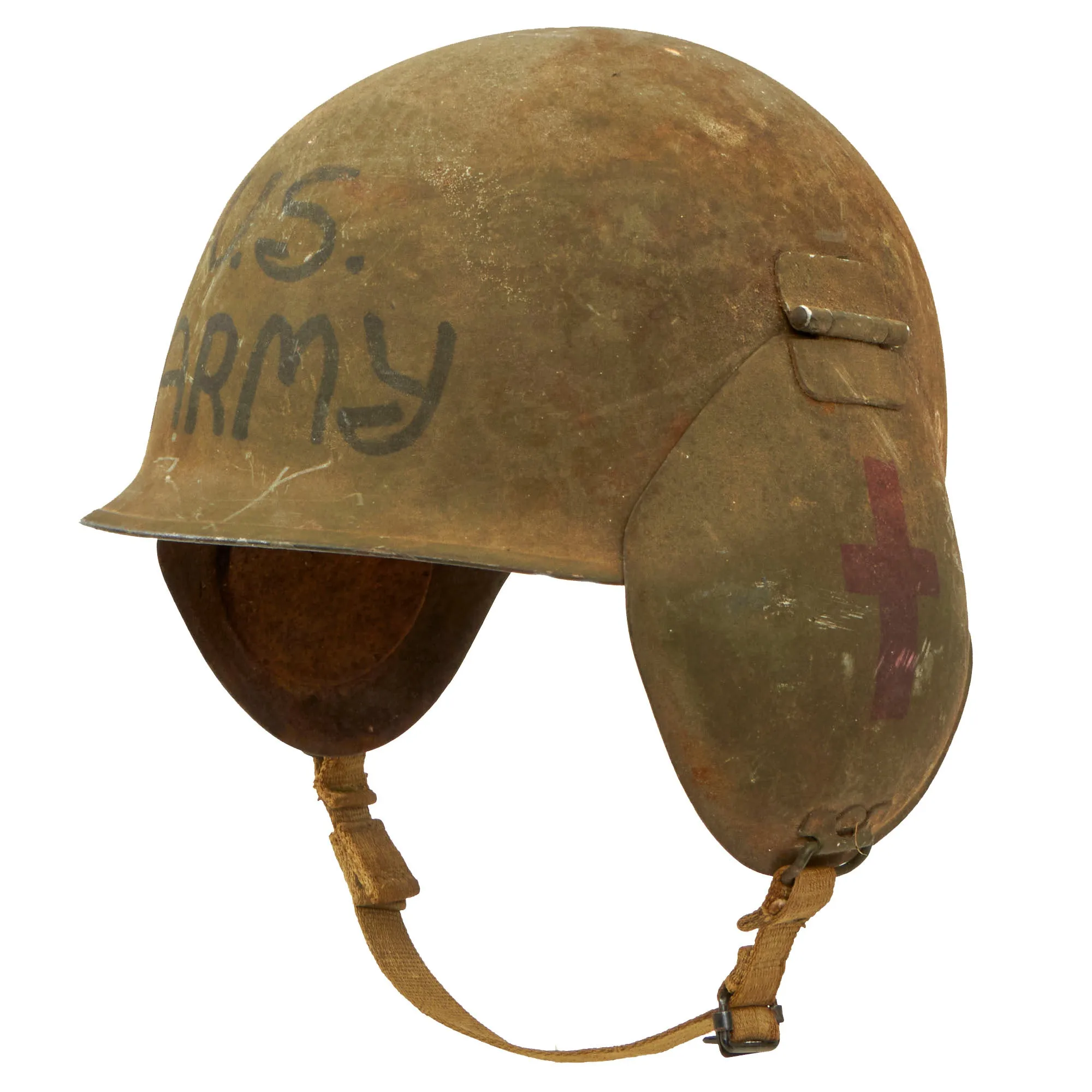 Original U.S. WWII USAAF Bomber Crew M3 Steel FLAK Helmet with Painted U.S. Army & Medic / Cross Symbols - Full Liner & Chinstrap