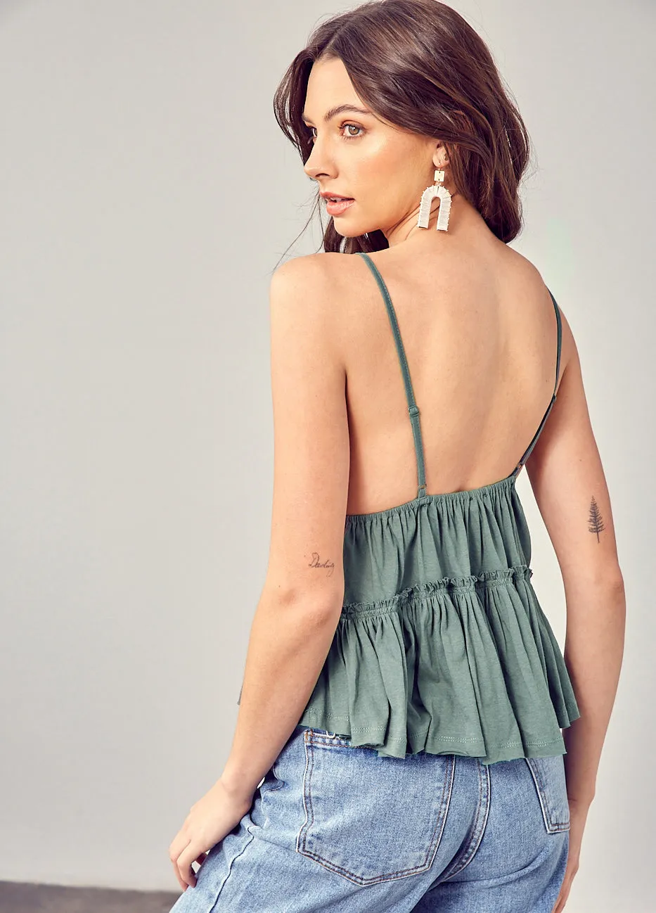 Raw Hem Tiered Green Top