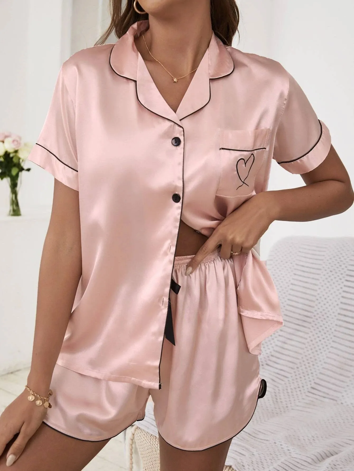 SHEIN 1 Set Heart Embroidery Contrast Binding Satin PJ Set / Pajama Set