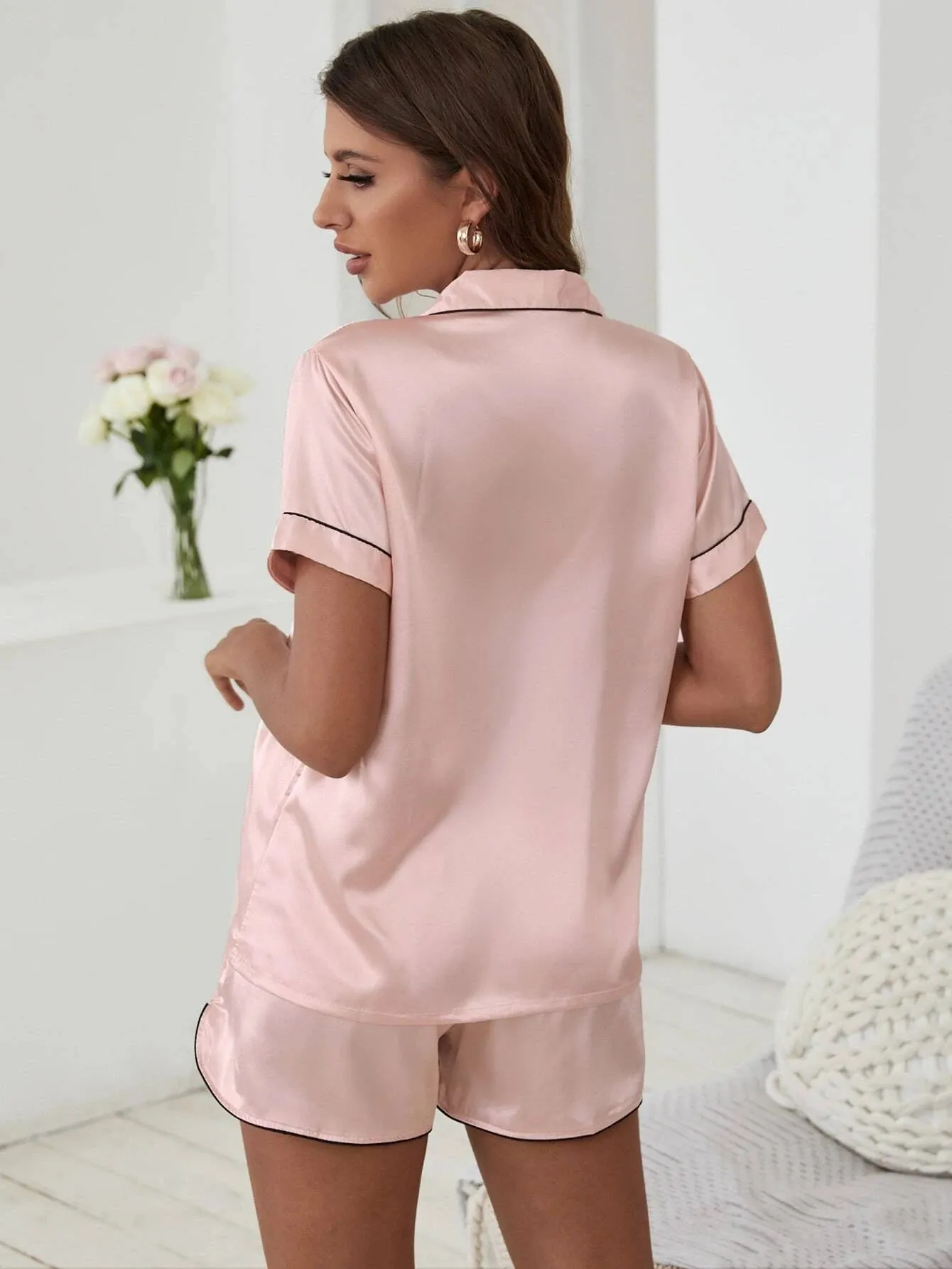 SHEIN 1 Set Heart Embroidery Contrast Binding Satin PJ Set / Pajama Set