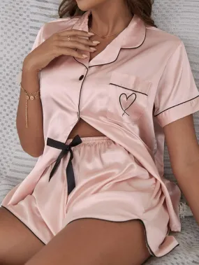 SHEIN 1 Set Heart Embroidery Contrast Binding Satin PJ Set / Pajama Set