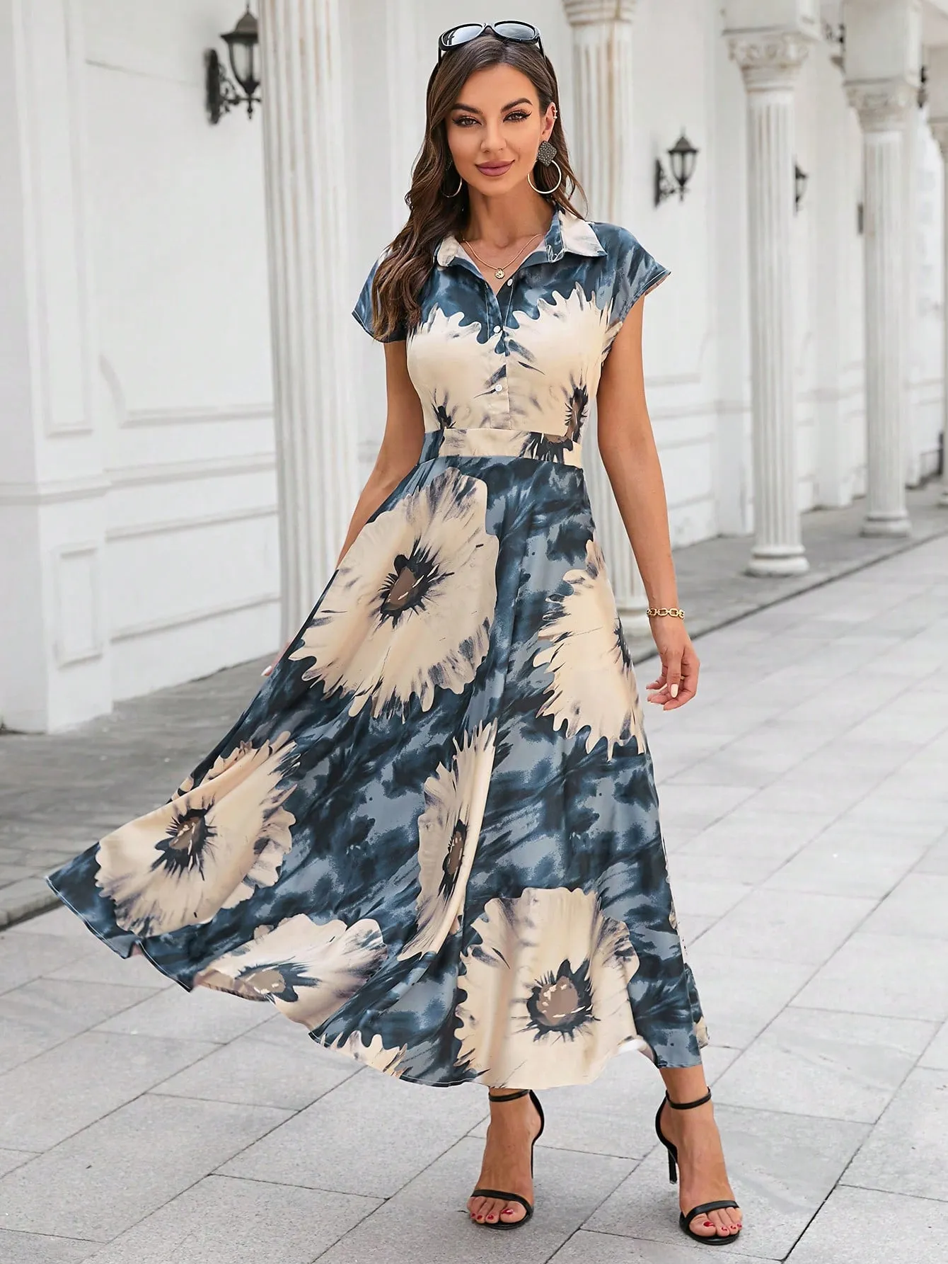 Tie Dye Batwing Sleeve Half Button Shirt Dress