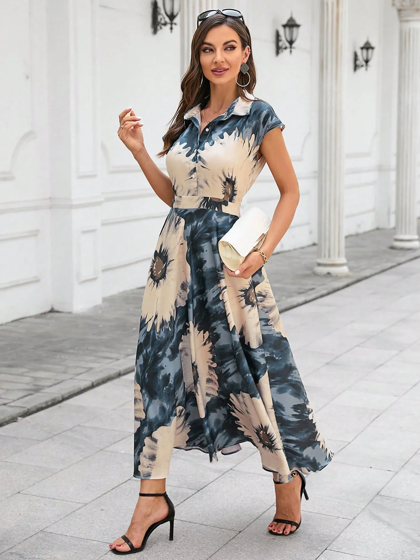 Tie Dye Batwing Sleeve Half Button Shirt Dress