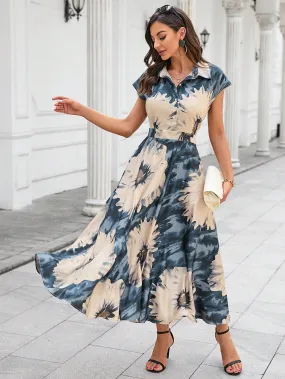 Tie Dye Batwing Sleeve Half Button Shirt Dress