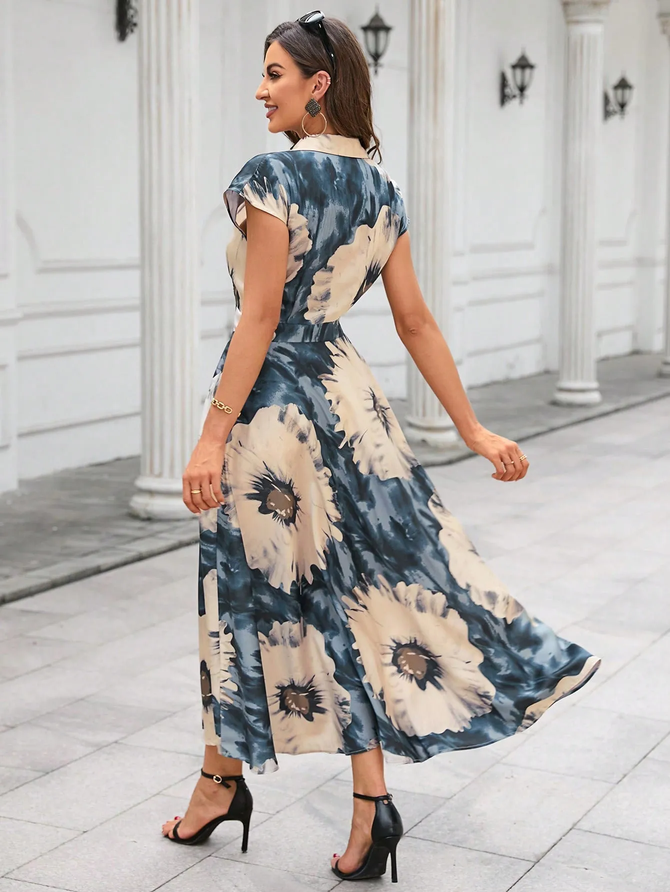 Tie Dye Batwing Sleeve Half Button Shirt Dress