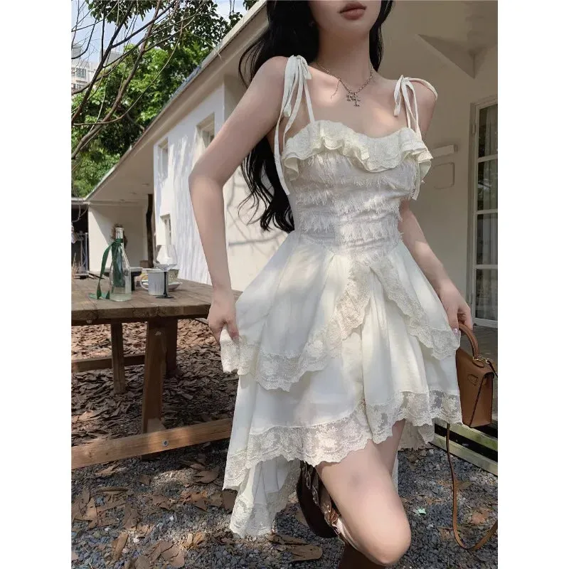 Vevesc 2024 Autumn New Korean Lace Splicing Irregular Sexy Solid Color Sling Dress Women   Casual Long-sleeved Jacket Two-piece Suit