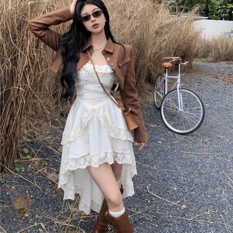 Vevesc 2024 Autumn New Korean Lace Splicing Irregular Sexy Solid Color Sling Dress Women   Casual Long-sleeved Jacket Two-piece Suit