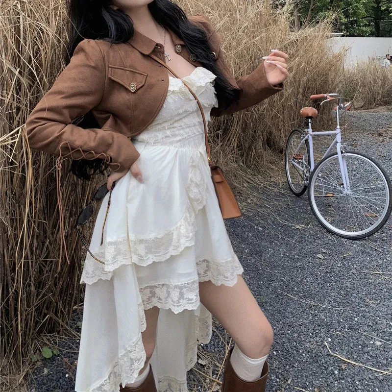 Vevesc 2024 Autumn New Korean Lace Splicing Irregular Sexy Solid Color Sling Dress Women   Casual Long-sleeved Jacket Two-piece Suit