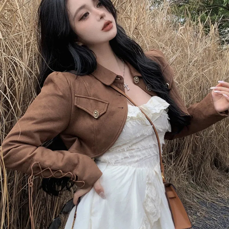 Vevesc 2024 Autumn New Korean Lace Splicing Irregular Sexy Solid Color Sling Dress Women   Casual Long-sleeved Jacket Two-piece Suit