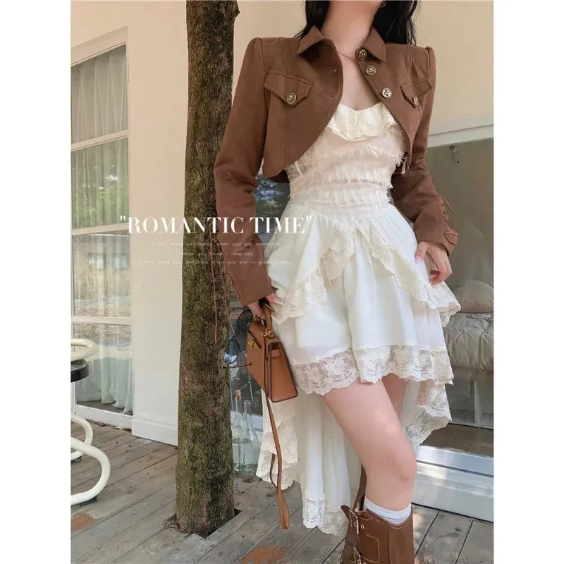 Vevesc 2024 Autumn New Korean Lace Splicing Irregular Sexy Solid Color Sling Dress Women   Casual Long-sleeved Jacket Two-piece Suit