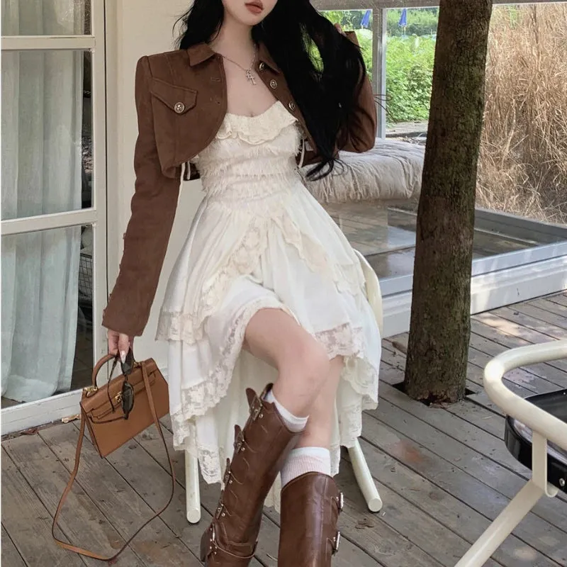 Vevesc 2024 Autumn New Korean Lace Splicing Irregular Sexy Solid Color Sling Dress Women   Casual Long-sleeved Jacket Two-piece Suit