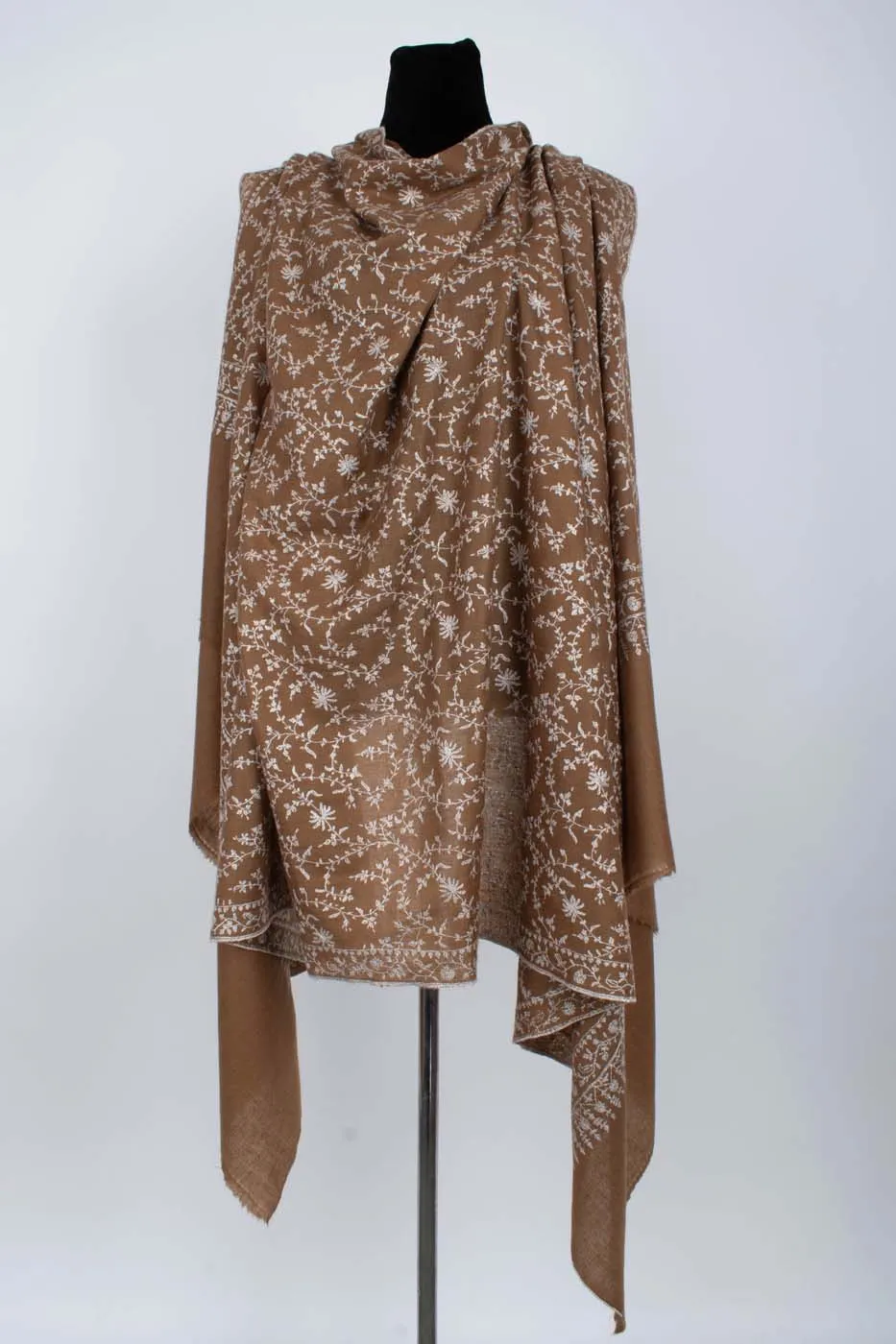 White and Brown Sozni Embroidered Pashmina Shawl - AMRAVATI