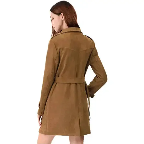 Women's Double Breasted Suede Trench Coat Jacket with Belt - Chic & Stylish
