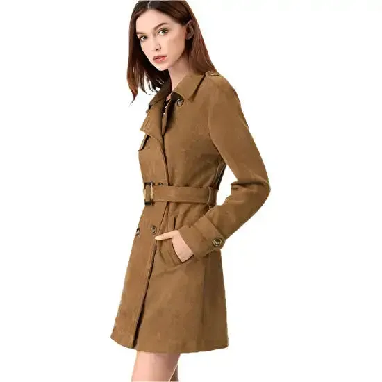 Women's Double Breasted Suede Trench Coat Jacket with Belt - Chic & Stylish