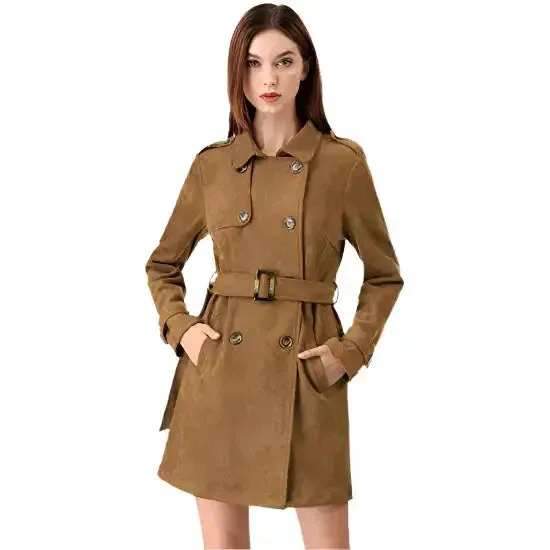Women's Double Breasted Suede Trench Coat Jacket with Belt - Chic & Stylish