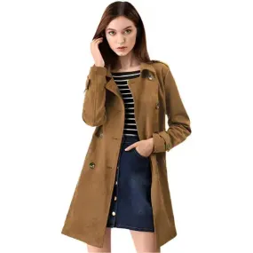Women's Double Breasted Suede Trench Coat Jacket with Belt - Chic & Stylish