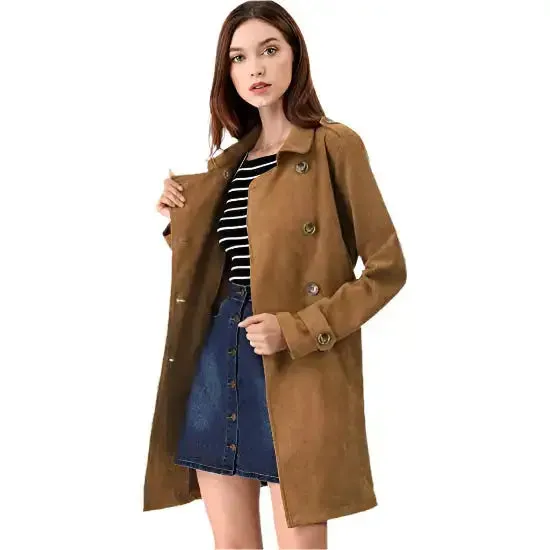 Women's Double Breasted Suede Trench Coat Jacket with Belt - Chic & Stylish
